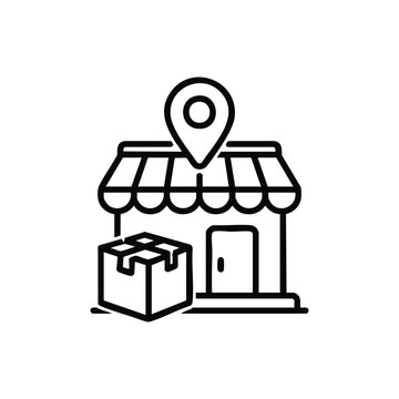 Local warehouse location and parcel delivery black and white vector icon for logistics and shipping services