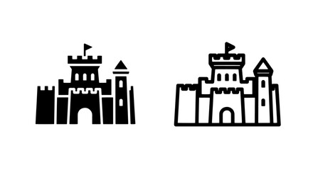 Historic Castle Icon with Turrets and Flag in Flat Glyph and Line Art Vector Styles © MdDelowar