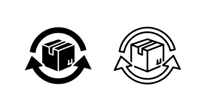 Product Return Exchange Icon Set: Delivery Box with Circular Arrows for E-commerce Logistics