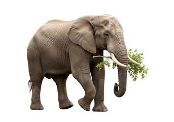 Obraz premium Graceful African Elephant Carrying Green Branch in Natural Habitat