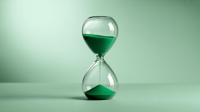 Minimalist Hourglass with Green Sand on Sage Background - Concept of Time Management, Sustainability, and Deadline