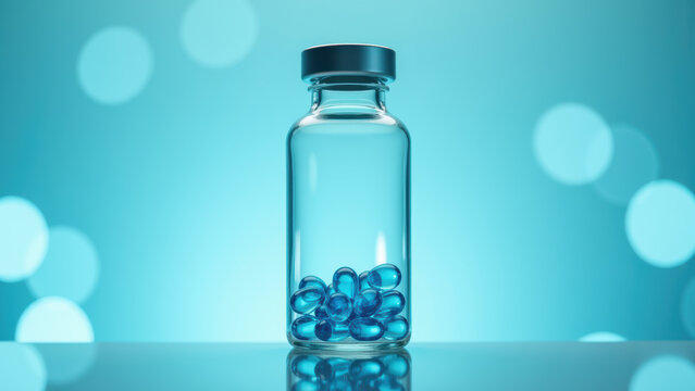 Glass bottle blue capsule transparent container medicine pharmaceutical healthcare clean reflective modern isolated