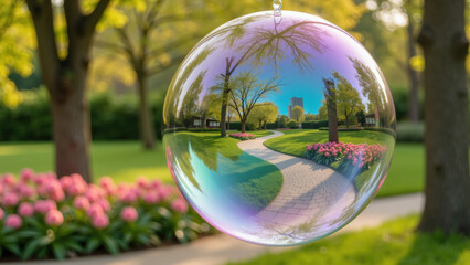 Bubble park garden reflection spring flower tree sunlight outdoor nature. large iridescent bubble floats sunlit park reflecting blooming flowers