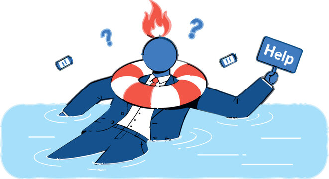 Overwhelmed Businessman Drowning with Help Sign Vector Illustration Representing Burnout, Work Stress Crisis, Mental Overload and Need for Support Concept