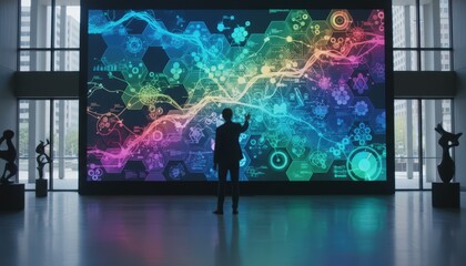 Naklejka premium Medium shot of a person interacting with a vibrant large data visualization wall in a city hall lobby focusing on live civic statistics and colorful charts.