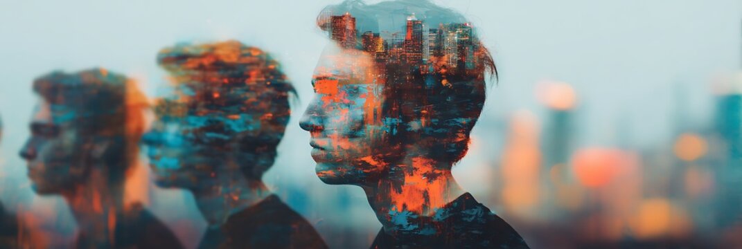 A creative double exposure image blending three side profiles of a man with a vibrant cityscape, symbolizing urban life and introspection.
