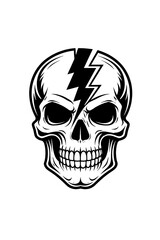Fototapeta premium Striking Black and White Skull with Electrifying Lightning Bolt Forehead Graphic Vector Illustration for Edgy Designs, Tattoo Art, Rock Music Themes, and Powerful Symbolic Imagery, Perfect for Apparel