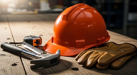 Fototapeta premium Labor day essentials hard hat tools and work gloves for american workers