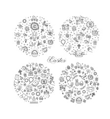 Easter Line Icons Set in Circle Composition. Spring Holiday Symbols Collection