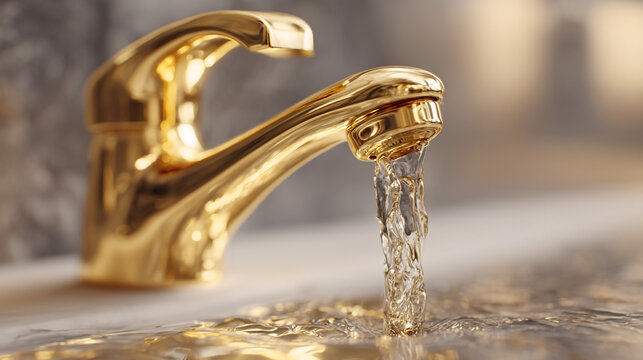 A close-up of water flowing from a golden faucet into a sink