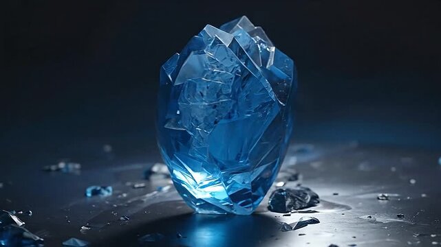 A faceted blue crystal heart shape rests on a reflective surface with scattered fragments