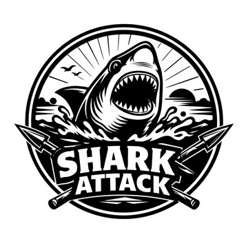 Striking black and white shark attack logo emblem with an aggressive great white shark bursting from ocean waves, wide open jaws, sharp teeth, and crossed harpoons. Ideal for sports, fishing, diving,