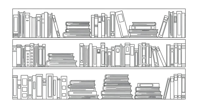 Collection of open and stacked books in a simple line art style