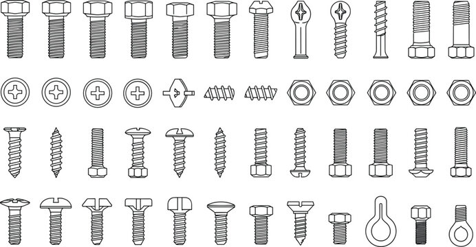 Screws bolts and nuts hardware outline icon set construction fastener vector symbols collection