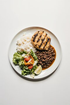 A plate of grilled chicken with rice, black beans, and a fresh salad. The salad includes lettuce, tomatoes, and lime slices.
