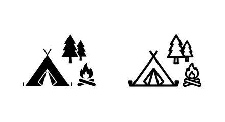 Outdoor camping icons set with teepee tent pine trees and campfire for recreation graphics © MdDelowar