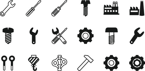 Obraz premium Tools and industrial equipment icon set wrench screwdriver bolt gear factory vector symbols collection pack