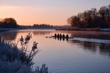 Obraz premium A captivating scene of rowers on a frosty river at sunrise, creating a serene atmosphere with colorful reflections and the promise of a new day amidst the winter chill.