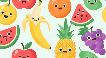 Fototapeta premium Cheerful and colorful seamless pattern featuring a variety of happy, smiling cartoon fruits illustration