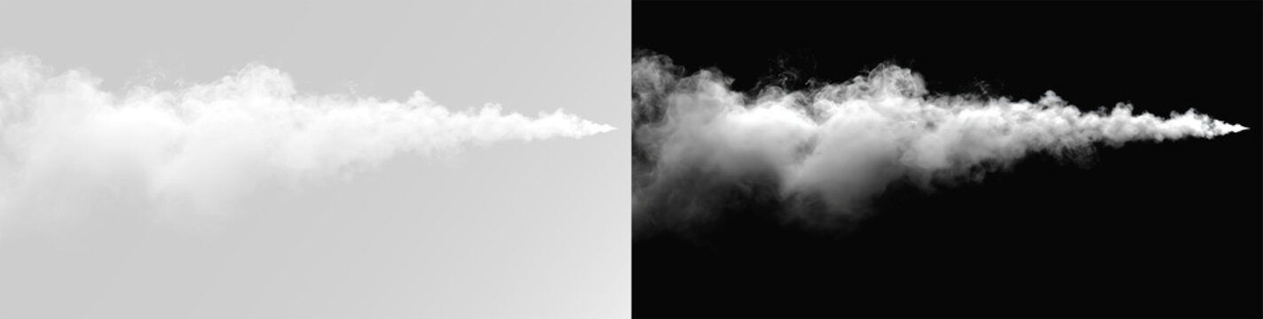 White smoke trail or steam puff with realistic cloud texture, isolated on black and white overlay fog, gaz png