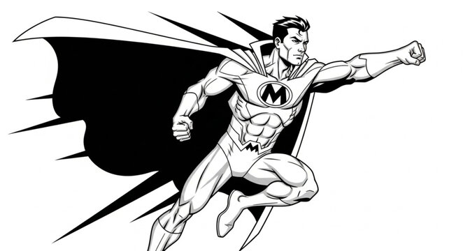 Superhero soaring through the sky with a powerful pose and determined expression.