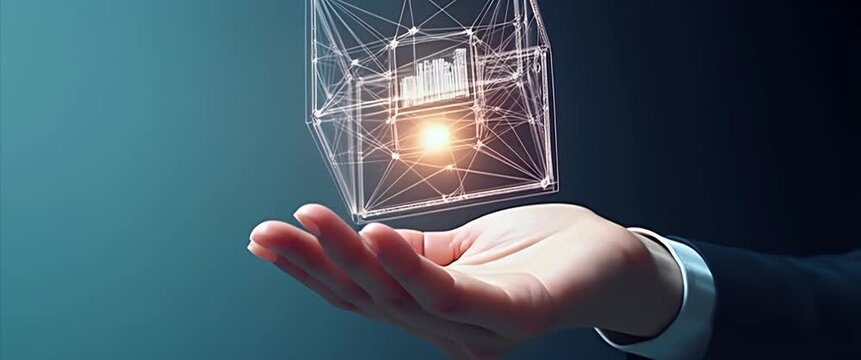 Businessman's hand gently raises as digital cube with glowing network data hovers above, while camera slowly pans in a sleek, futuristic style, ideal for tech innovation themes.