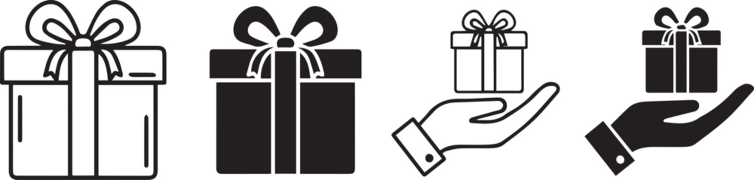 Gift giving icons with wrapped presents and hands