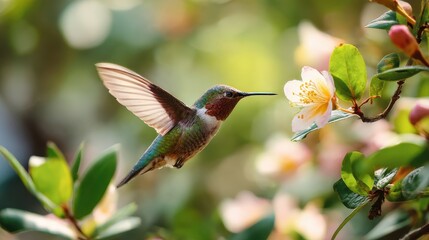 Fototapeta premium Tiny hummingbird hovering with rapid wingbeats over petals in soft bokeh background