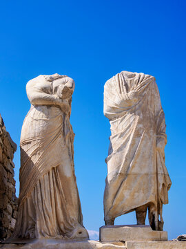 Statues at the House of Cleopatra, Delos Archaeological Site, Delos Island, Cyclades, Greece