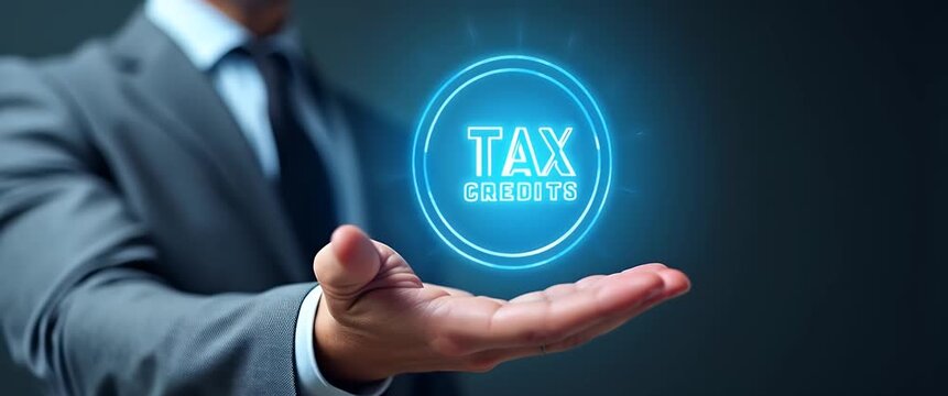 Business professional presenting holographic tax concept with gentle ambient motion and subtle camera pan, in a sleek, cinematic style, ideal for finance and technology themes.