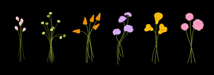 Wildflower bouquet elements and blooming meadow plants. Colorful botanical stems for creating floral arrangements, spring decorations and greeting card designs. Flat vector set © Katrin_the_artist