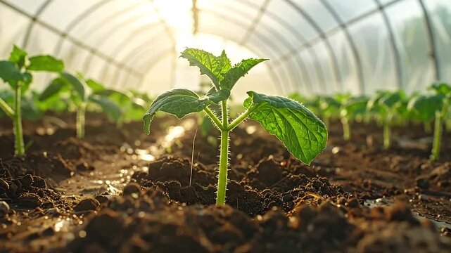 Young plants growing in a greenhouse under warm sunlight