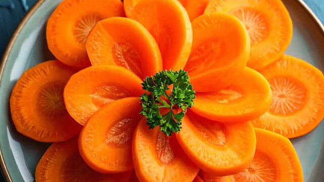 Freshly sliced orange root vegetable arranged in a floral pattern on a plate