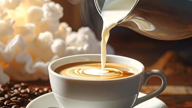 Cream is poured into a hot cup of coffee, creating a swirling pattern