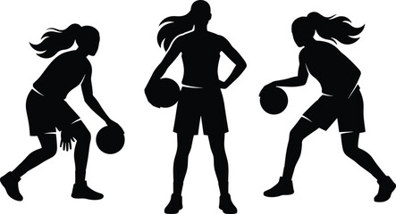 Set of black silhouettes showing female basketball player dribbling, holding ball, and playing in various athletic poses isolated on white background © jesmin