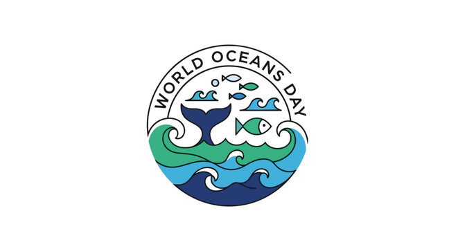 World Oceans Day logo with whale and fish in ocean waves.