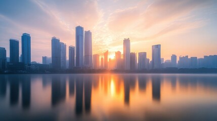 Fototapeta premium Modern city skyline at sunrise soft golden light corporate theme. --ar 16:9 --v 6.1 Job ID: 169f2ed1-8162-47ba-bad0-d16d77f4fb7f