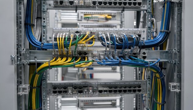 Focused shot of structured cabling and modular patch panels in a data center environment highlighting precision and order suitable for educational institutional servers.