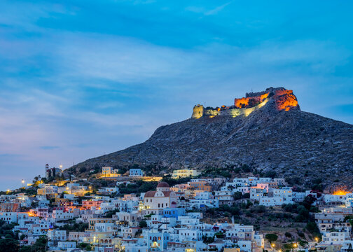 Platanos and Medieval Castle of Pandeli at dusk, Agia Marina, Leros Island, Dodecanese, Greece