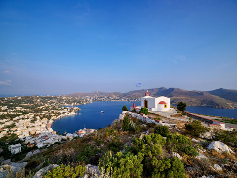 Church of Prophet Elias over the town of Agia Marina, Leros Island, Dodecanese, Greece