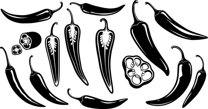 hili pepper silhouettes, Chili vector illustration, Chili pepper, Chili pepper clipart, Chili pepper logo, Hot chili pepper silhouettes, Chili, Half chili, Chili silhouette bundle