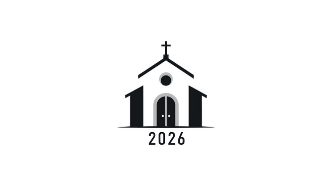 Simple black and white church building icon with cross and year 2026.