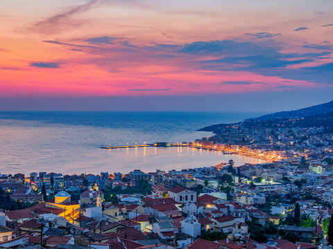 Ano Vathy and Samos Town at dusk, elevated view, Samos Island, North Aegean, Greece