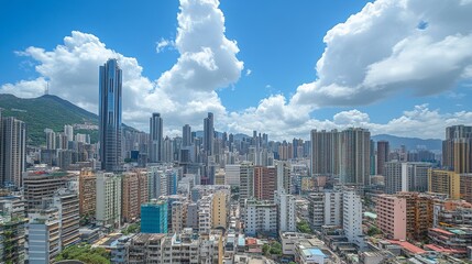 Obraz premium A panoramic view of a bustling city skyline under a bright blue sky with fluffy clouds