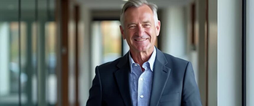 Confident executive walks through modern office corridor, camera tracks steadily alongside, ambient light flickers softly, cinematic style captures professional success and leadership.