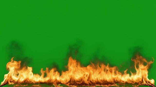 Green screen fire effect with vibrant flames and smoke on a chromakey background for visual effects and digital compositing