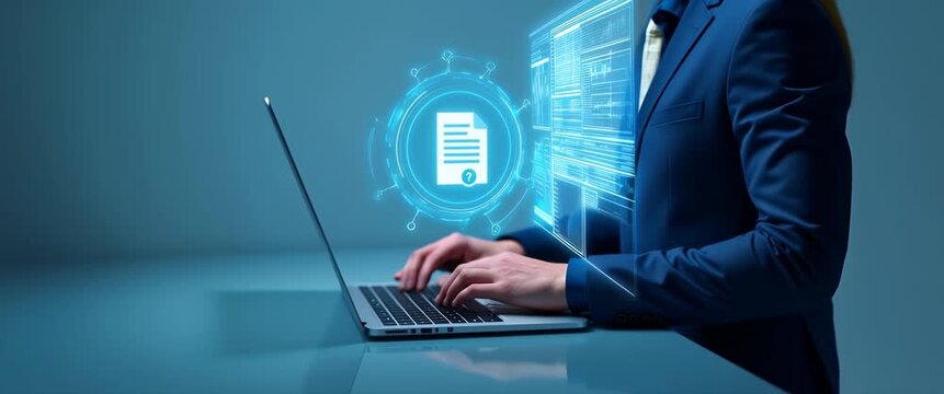 Business professional typing on a laptop with futuristic document icon animation, camera slowly pans to reveal digital interface, in a sleek, cinematic style.