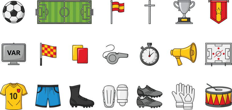 Football and Soccer Icon Set Featuring Field, VAR, Red Cards, Whistle, Trophy, Uniform, Shoes, and Referee Equipment in Vector Design
