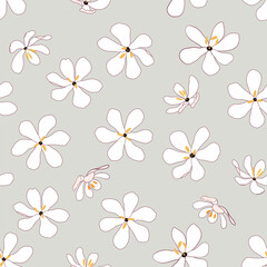 Obraz premium Seamless vector pattern with hand-drawn white jasmine-style flowers with delicate yellow stamens scattered across a calming, soft sage green background.