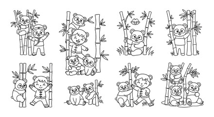 Obraz premium Cute cartoon pandas are climbing and playing amongst bamboo stalks